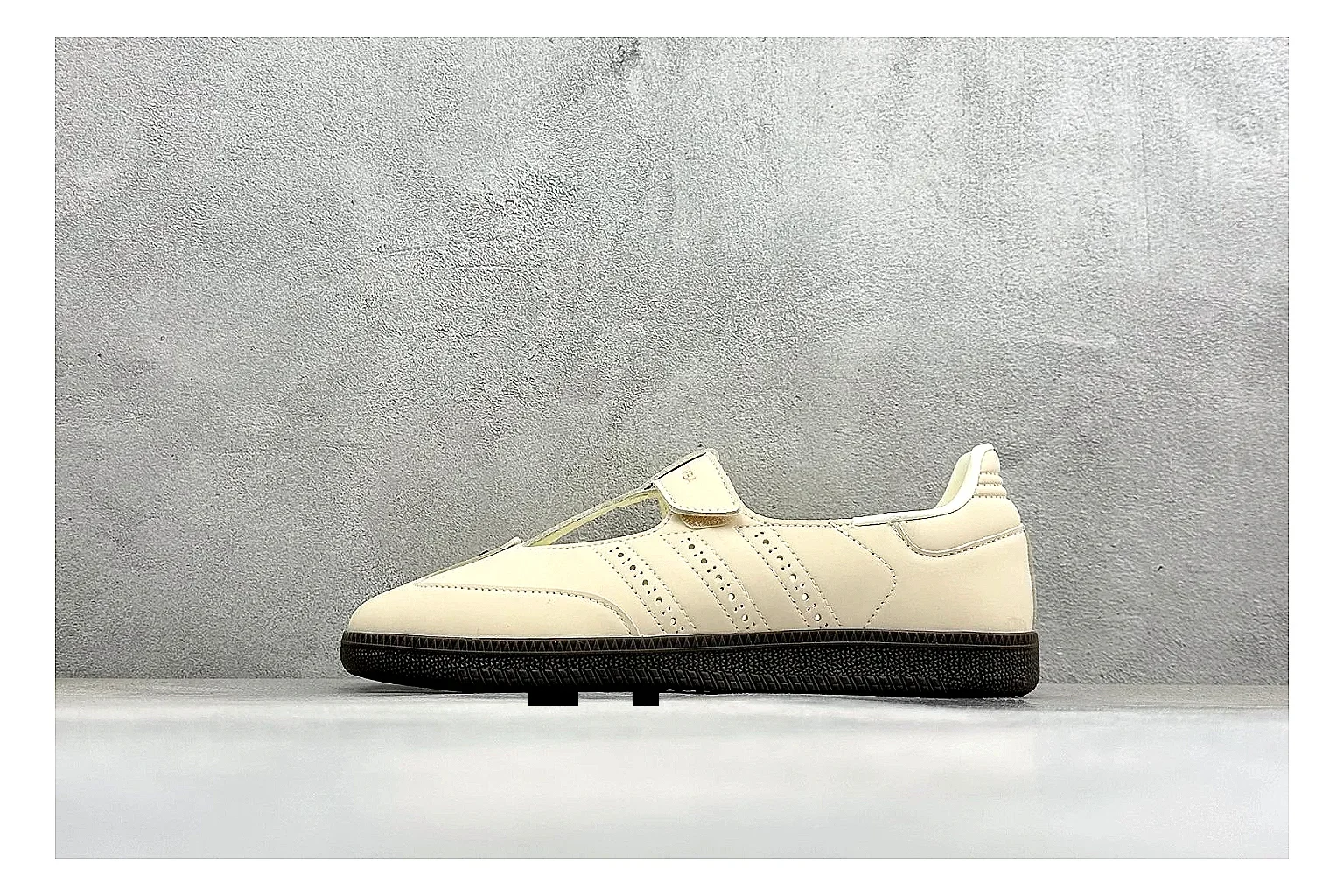 Adidas Samba Jane Cream budget find photo showing cream Mary Jane upper, dark gum outsole, Samba-style side stripes, and low strap silhouette