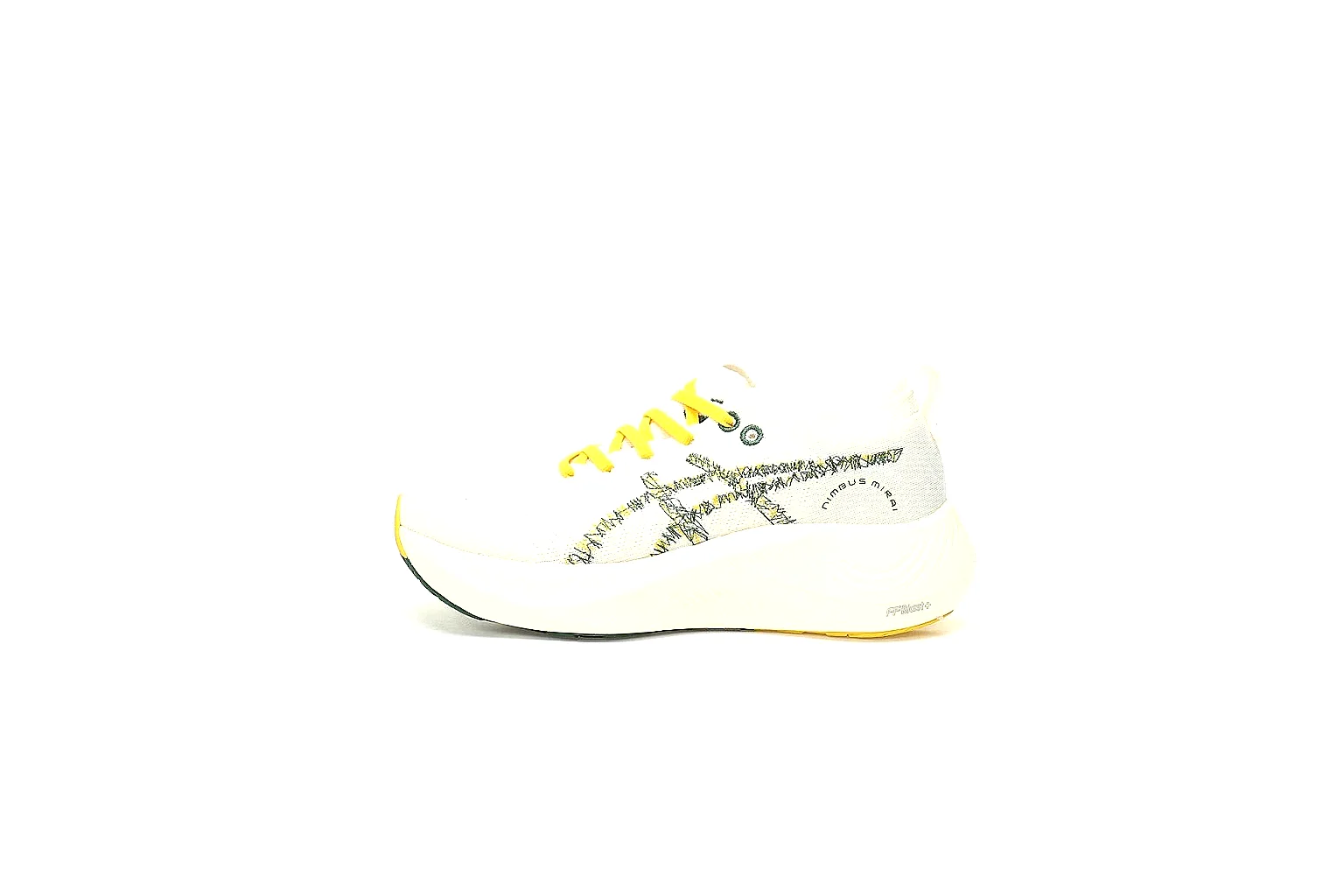 White ASICS Nimbus Mirai runner with yellow laces and green outsole value find