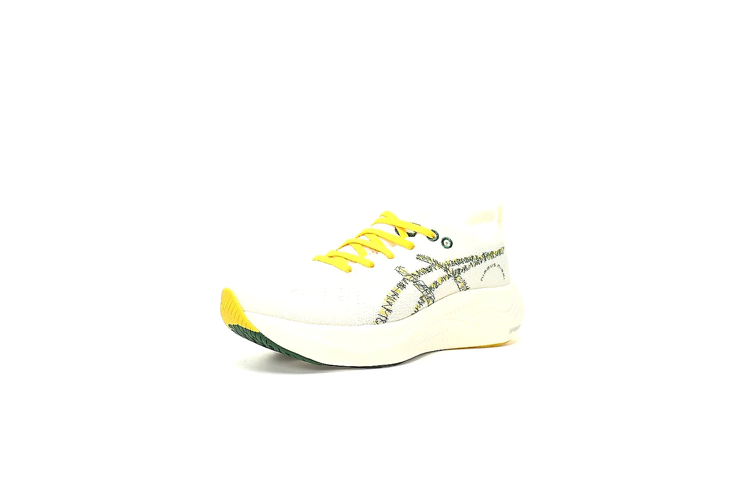 White ASICS Nimbus Mirai runner with yellow laces and green outsole value find thumbnail 2
