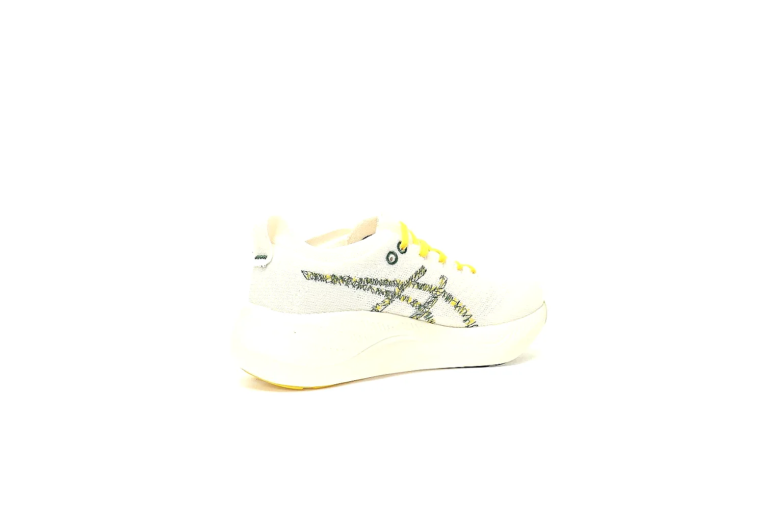 White ASICS Nimbus Mirai runner with yellow laces and green outsole value find thumbnail 3
