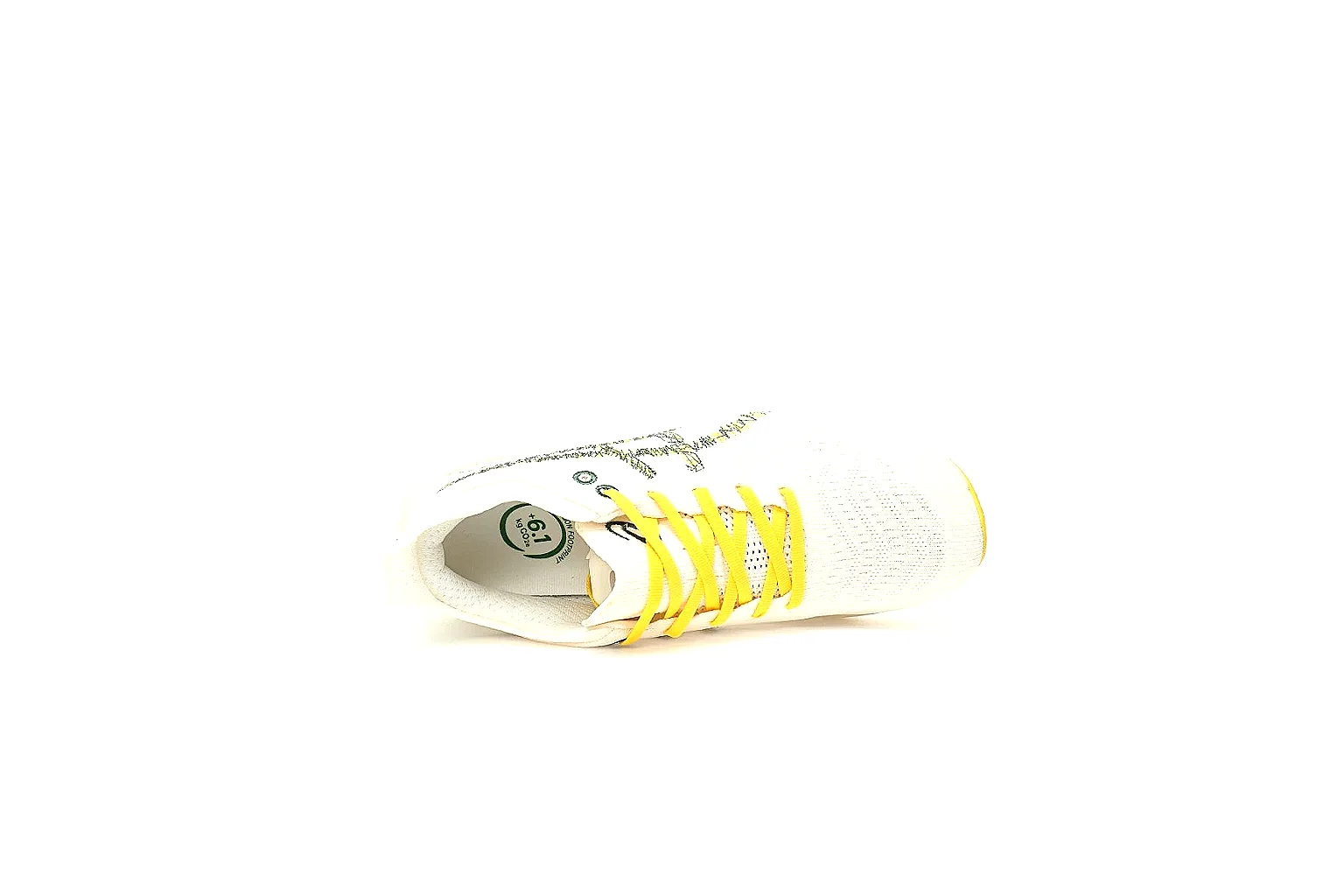 White ASICS Nimbus Mirai runner with yellow laces and green outsole value find thumbnail 4