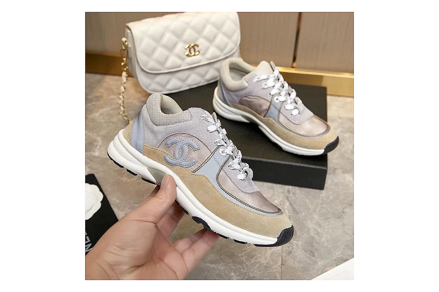 Kako Find List budget photos for Chanel Gray Pink Runner Sneaker thumbnail 5