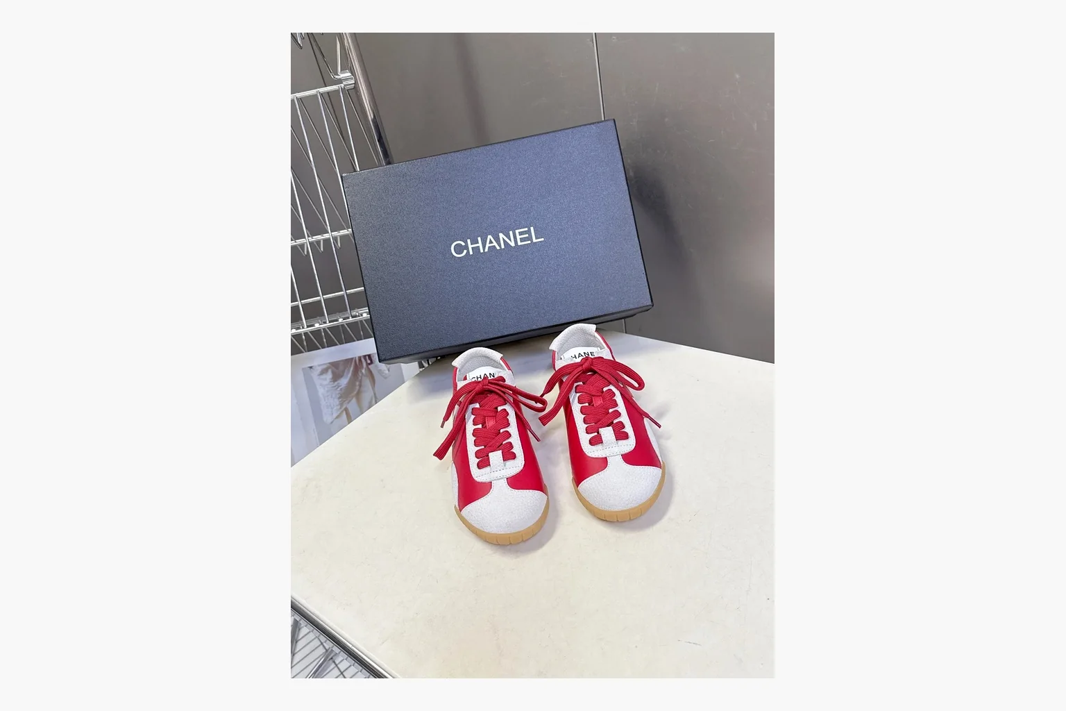 Chanel Red White Platform Sneaker budget find photo showing red and white low-top upper, platform sole, leather-suede panel mix, box views, and rounded casual sneaker shape