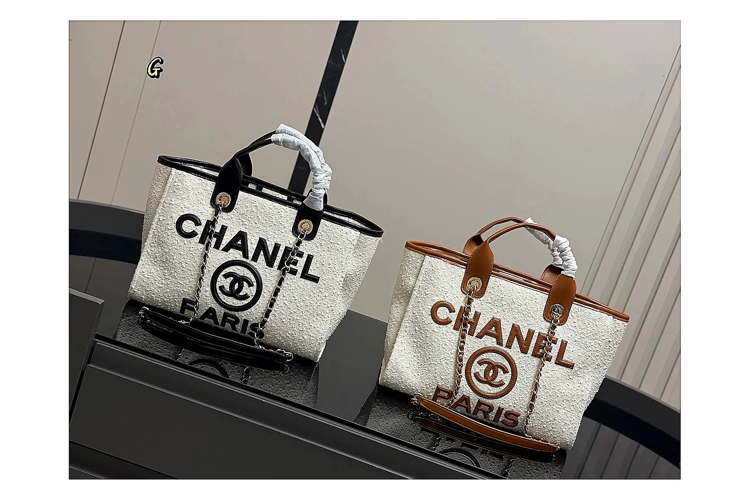 Chanel Tote Bag White Black budget find photo showing white black canvas-leather tote body, open carry shape, structured handles, and branded luxury-bag details thumbnail 2