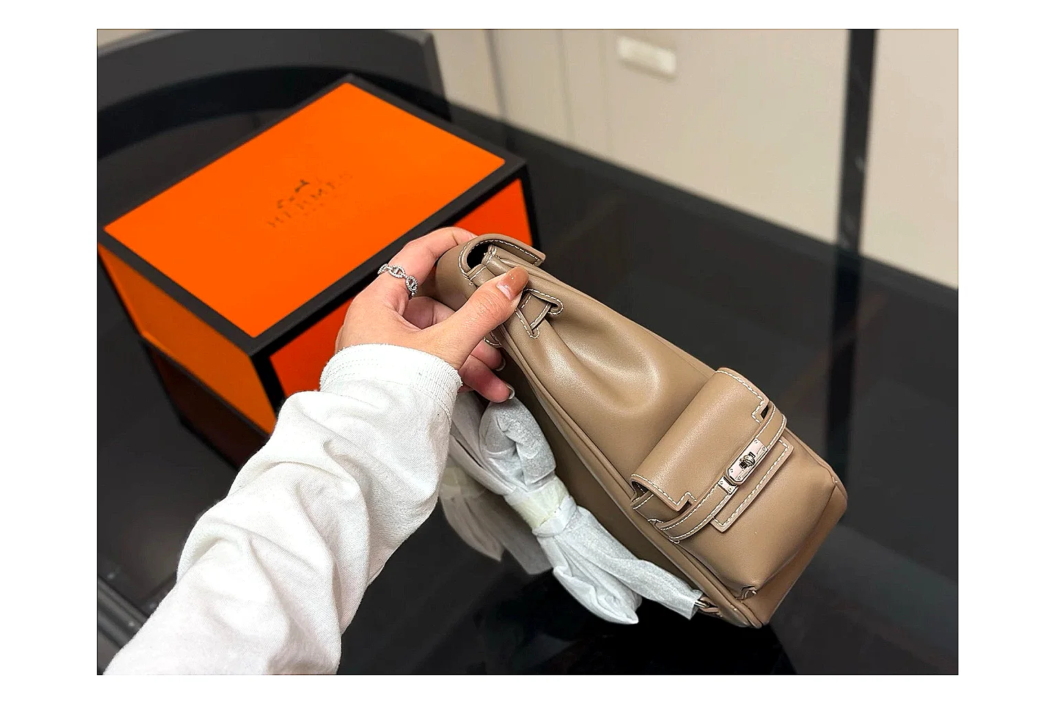 Hermes Kelly Backpack Beige budget find photo showing beige leather backpack body, Kelly-style flap, top handle, shoulder straps, and polished hardware thumbnail 6
