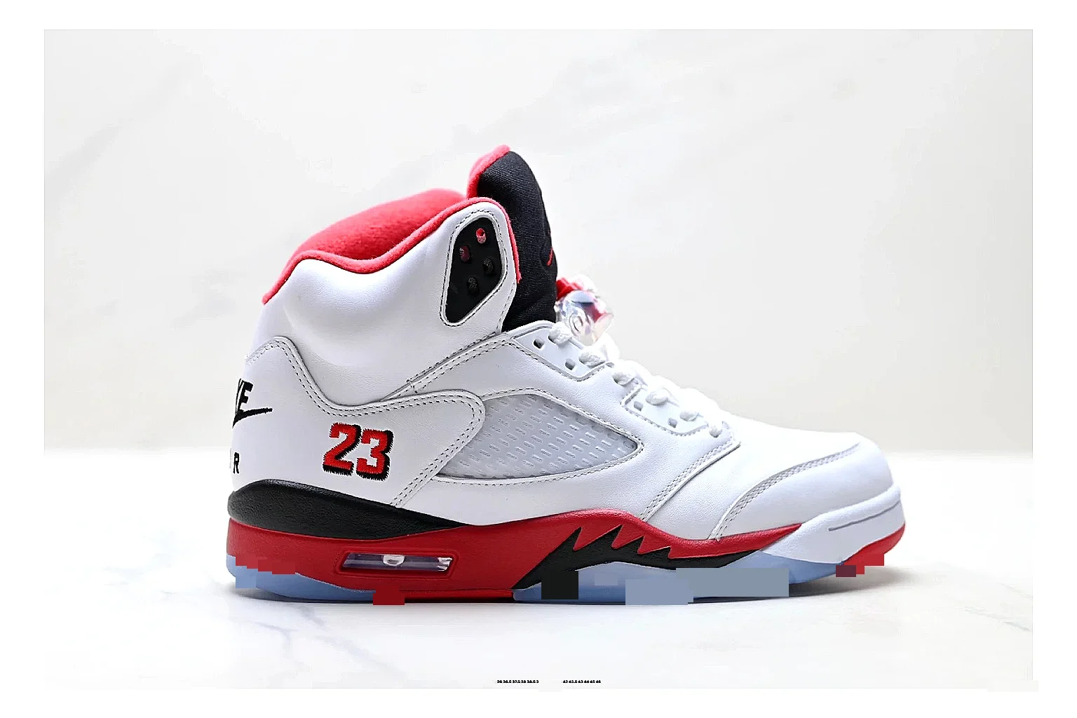 Jordan Air Jordan 5 White Red Sneakers value find image showing white red retro basketball sneakers with leather texture, side-profile shape, upper panel lines, and outsole detail