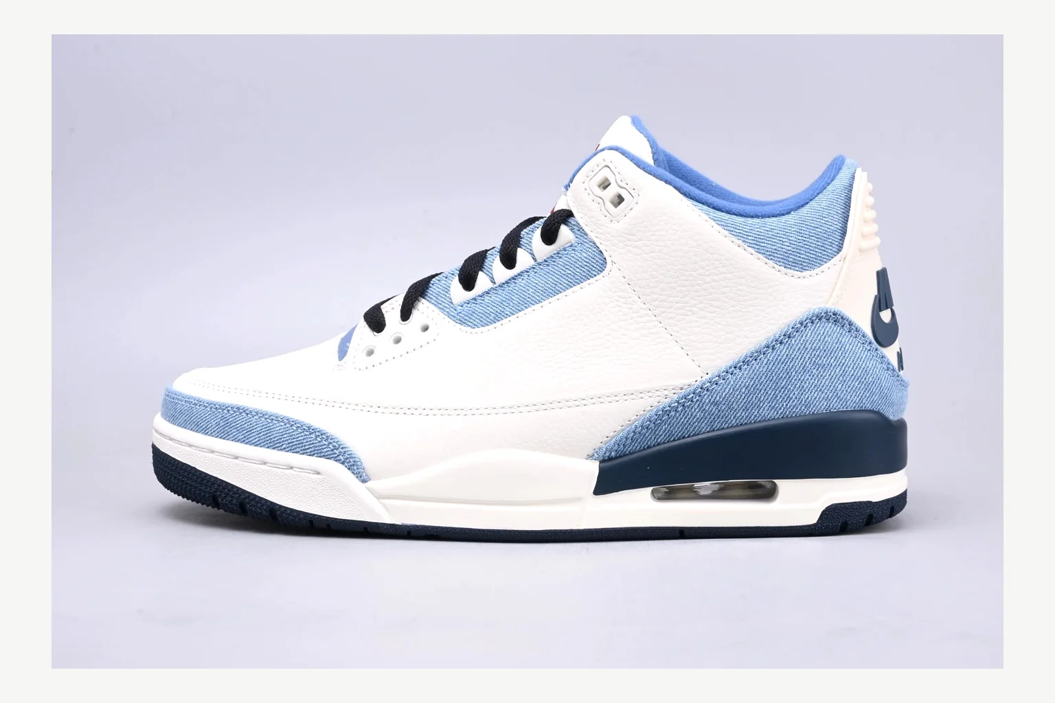 Jordan Air Jordan 3 Blue Sneaker value find image showing white blue low-top sneaker with mixed-material upper and low-profile shape