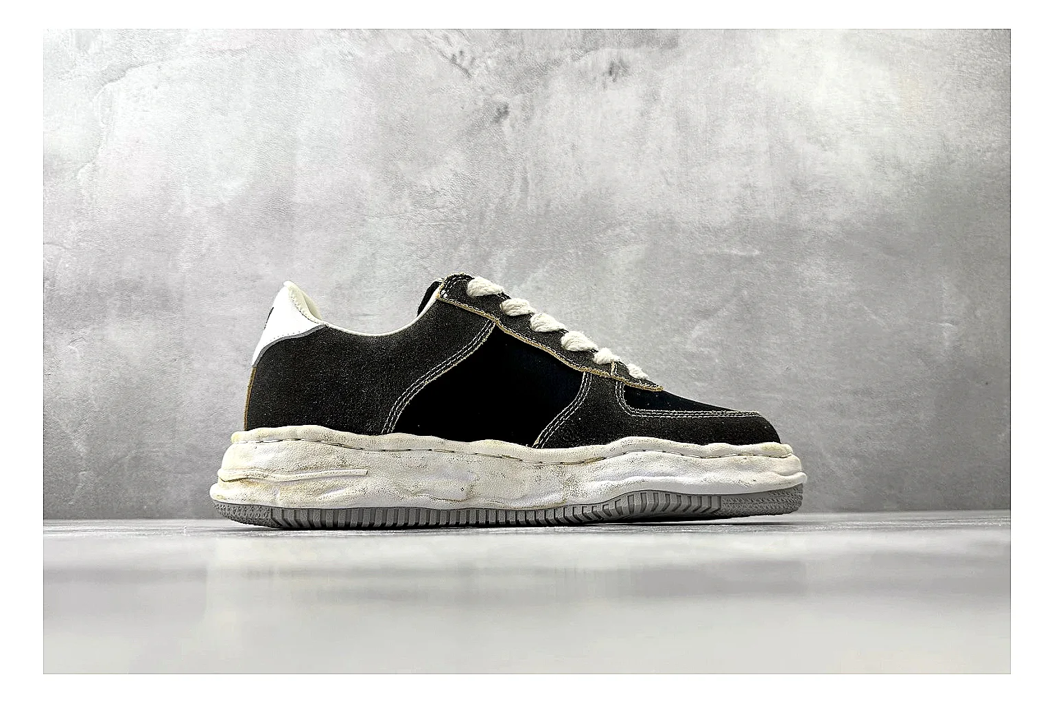 Maison Mihara Yasuhiro Blakey Black Distressed budget find photo showing black distressed canvas upper, warped sculpted white sole, low lace profile, and worn texture thumbnail 2