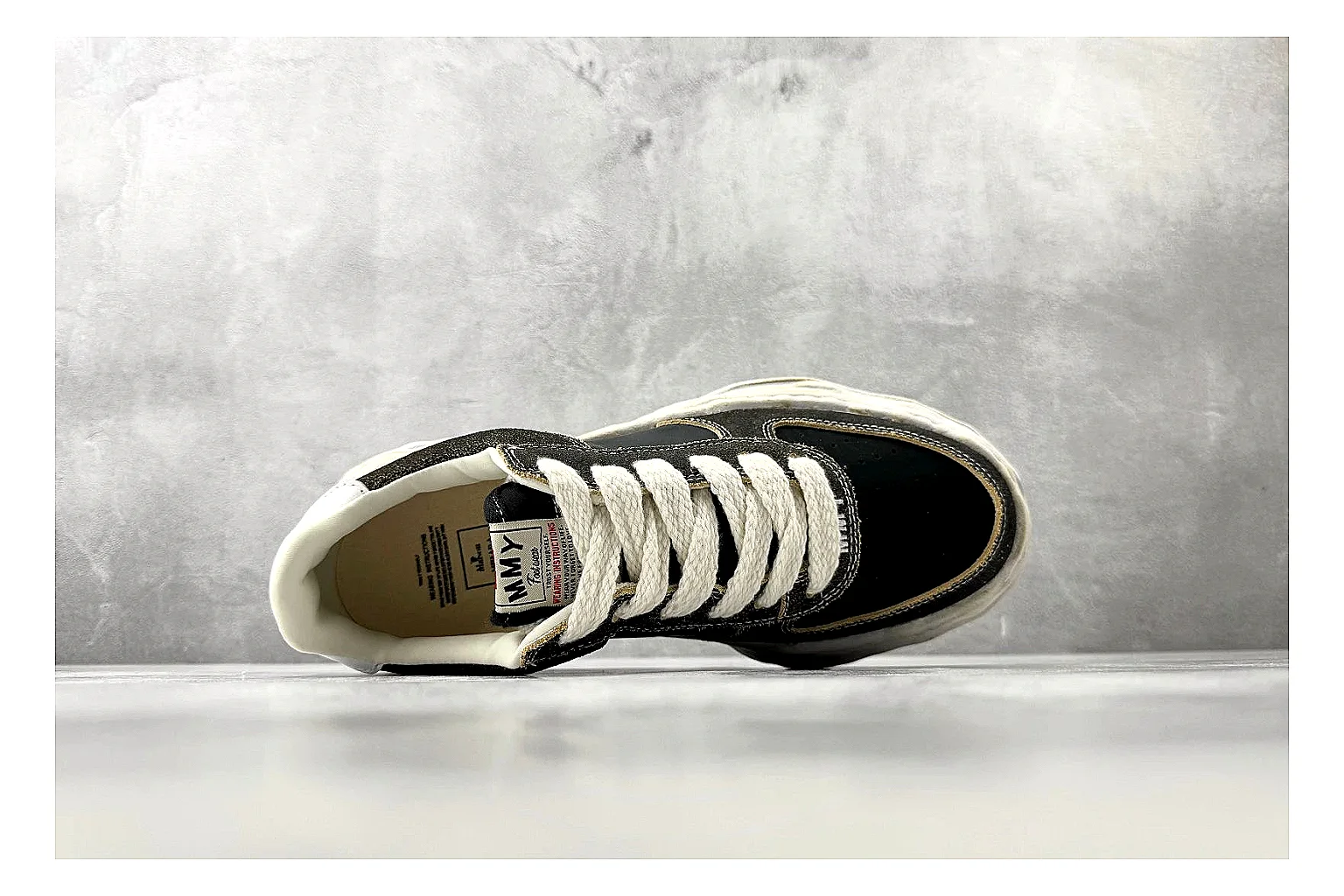 Maison Mihara Yasuhiro Blakey Black Distressed budget find photo showing black distressed canvas upper, warped sculpted white sole, low lace profile, and worn texture thumbnail 3