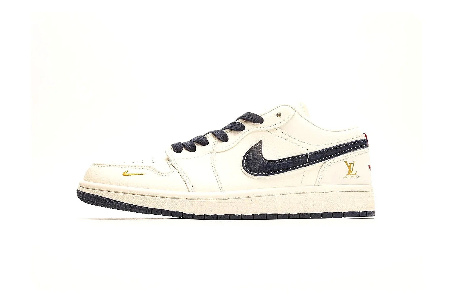 Nike Air Court Cream Navy Low Top budget find photo showing cream leather upper, navy Swoosh, dark laces, red heel accents, and gold side graphics