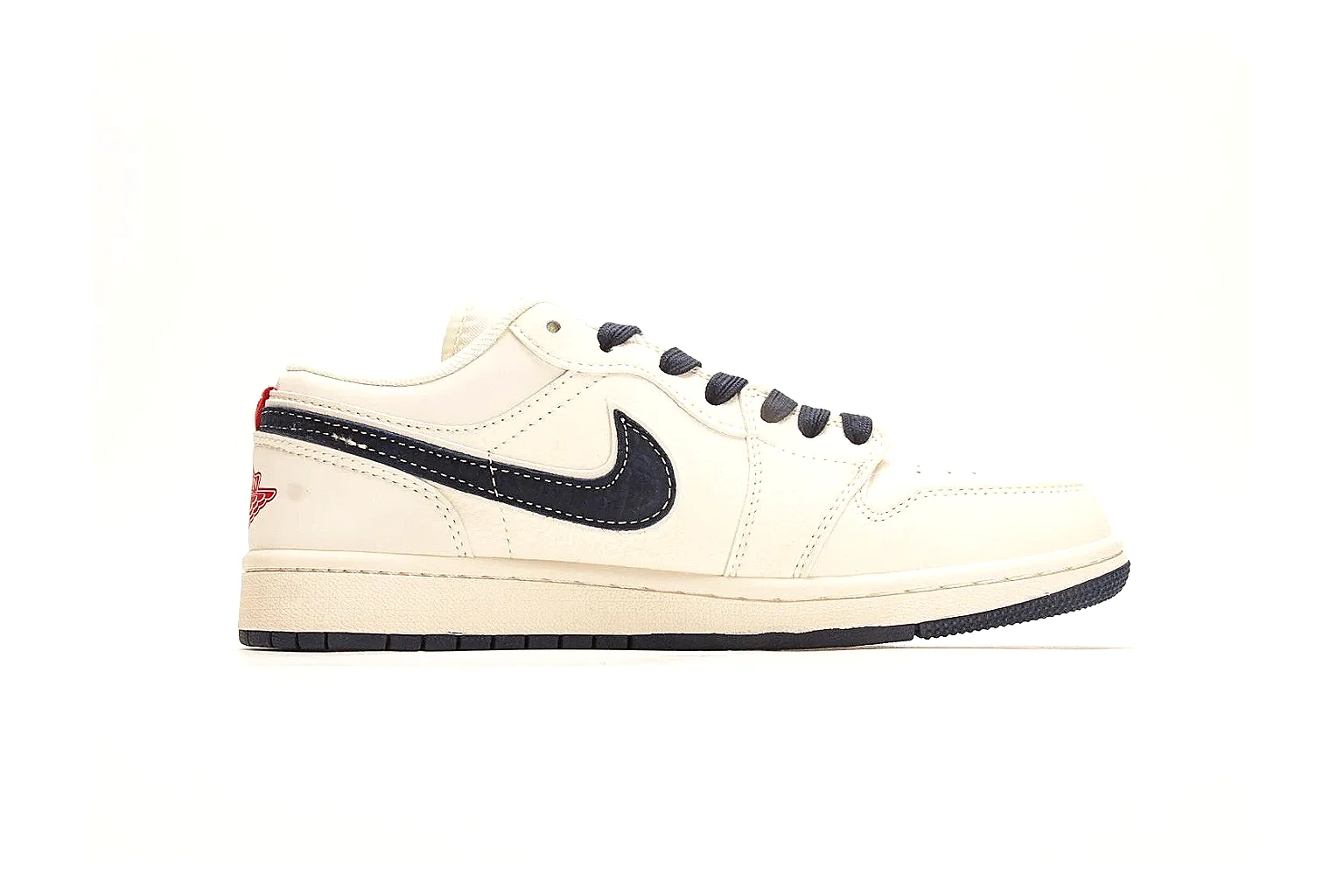 Nike Air Court Cream Navy Low Top budget find photo showing cream leather upper, navy Swoosh, dark laces, red heel accents, and gold side graphics thumbnail 2