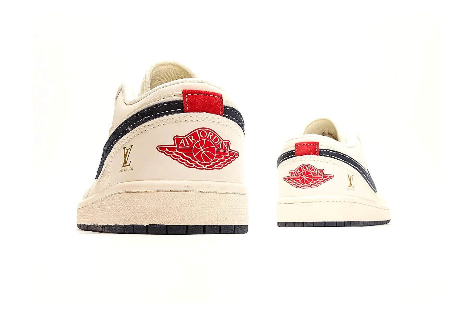 Nike Air Court Cream Navy Low Top budget find photo showing cream leather upper, navy Swoosh, dark laces, red heel accents, and gold side graphics thumbnail 4