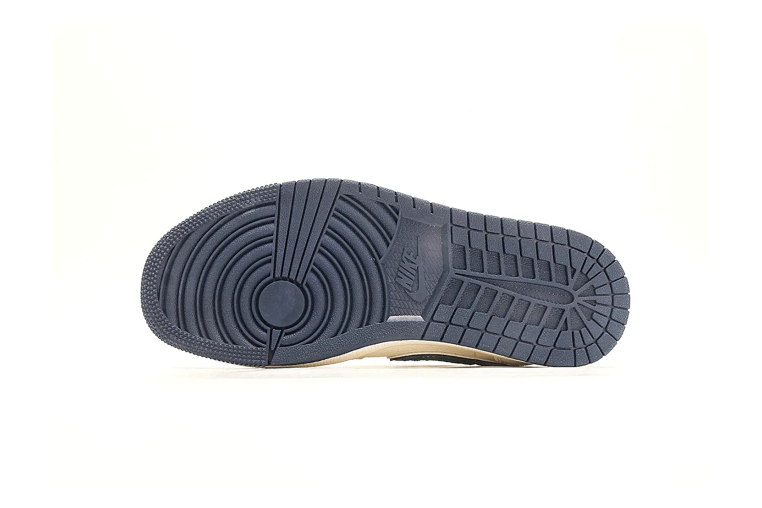 Nike Air Court Cream Navy Low Top budget find photo showing cream leather upper, navy Swoosh, dark laces, red heel accents, and gold side graphics thumbnail 5