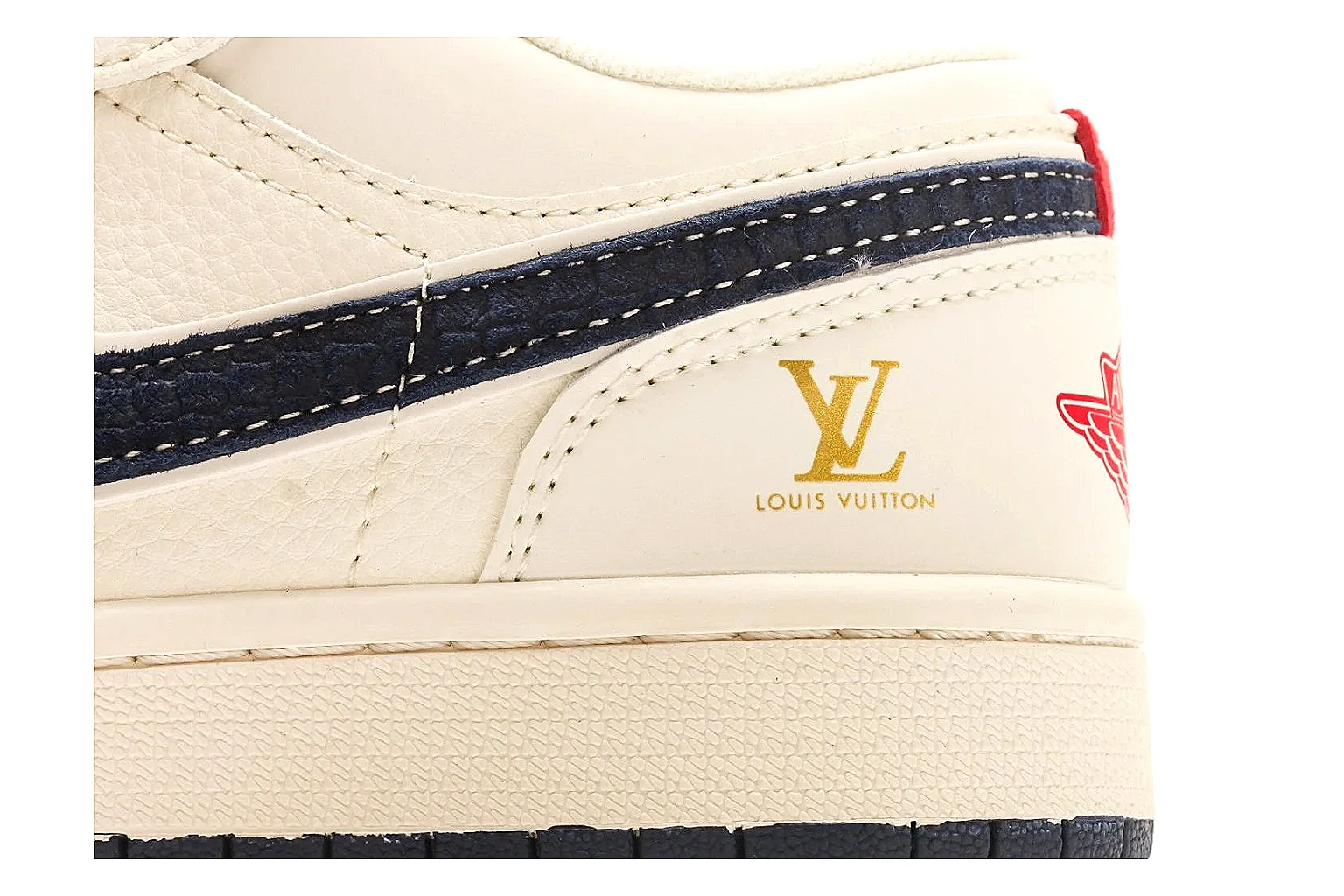Nike Air Court Cream Navy Low Top budget find photo showing cream leather upper, navy Swoosh, dark laces, red heel accents, and gold side graphics thumbnail 6