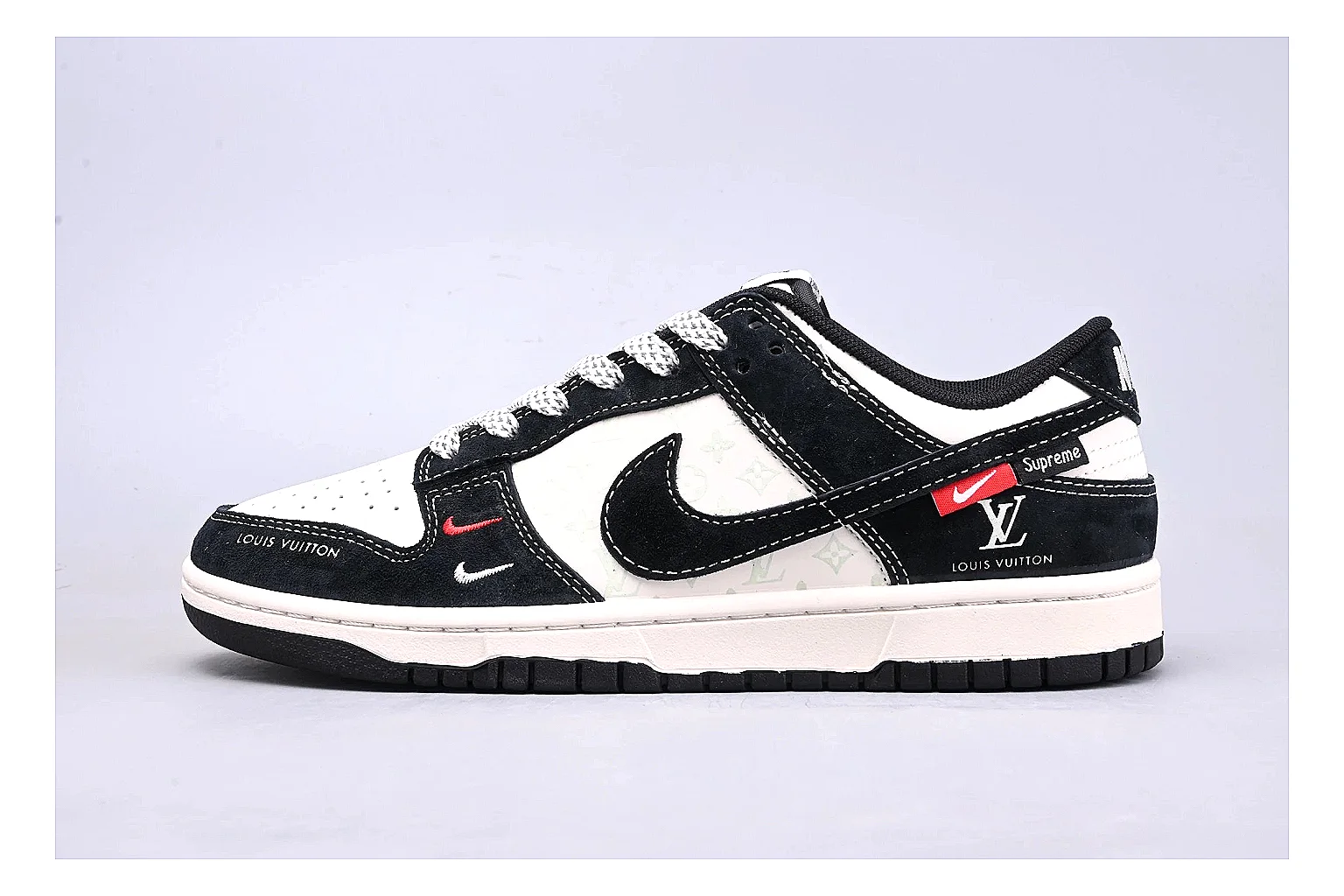 Nike Dunk Low Black White budget find photo showing black and white leather panels, low Dunk silhouette, padded collar, and basketball-retro sole