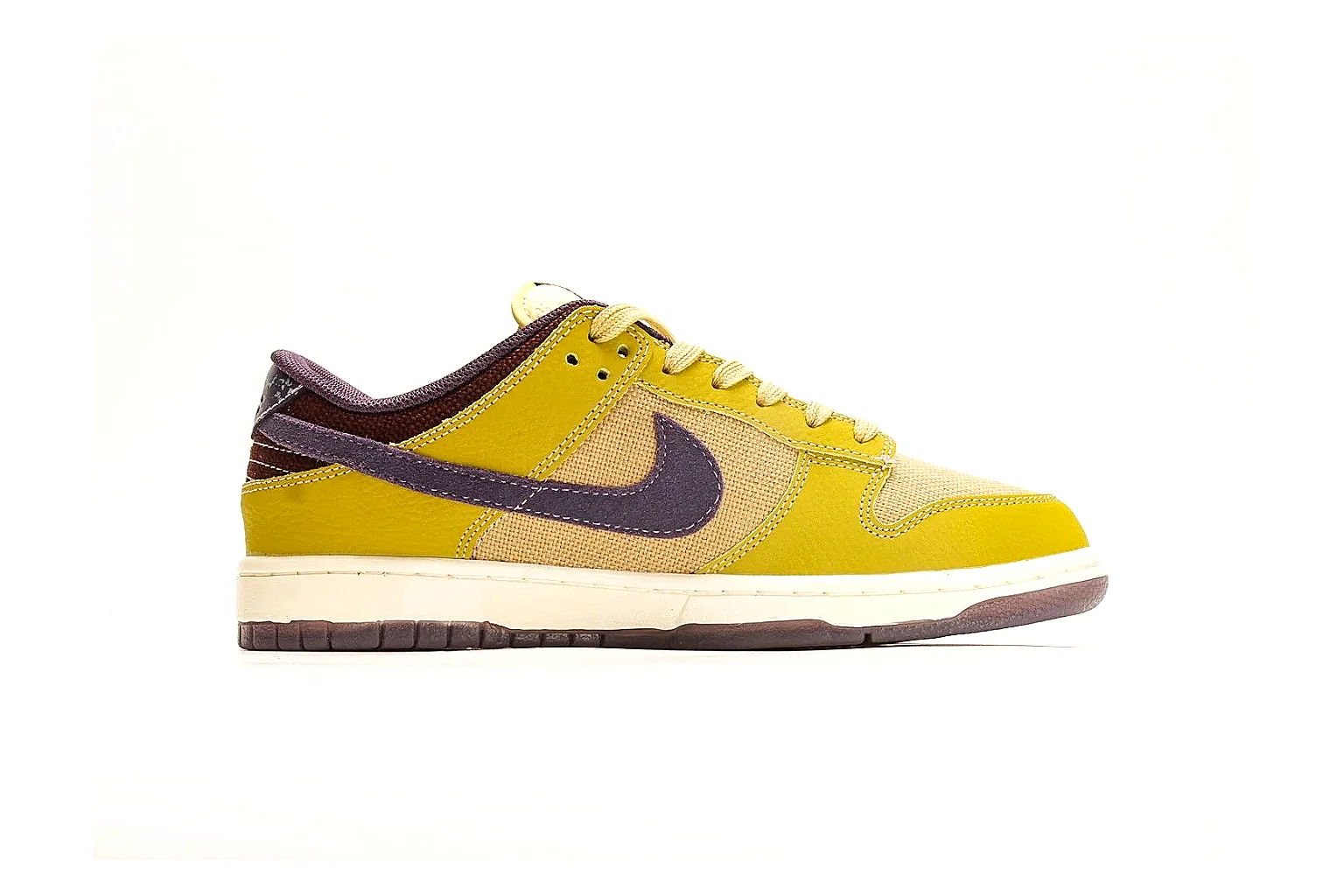 Nike Dunk Low Yellow Purple budget find photo showing yellow and purple leather panels, dark Swoosh, heel overlay, cream midsole, and brown outsole thumbnail 2