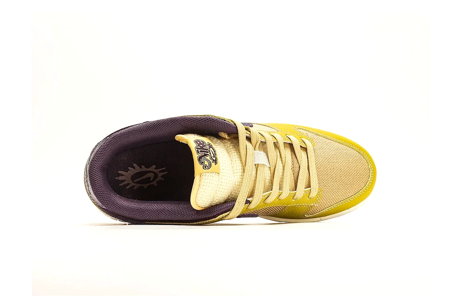 Nike Dunk Low Yellow Purple budget find photo showing yellow and purple leather panels, dark Swoosh, heel overlay, cream midsole, and brown outsole thumbnail 3