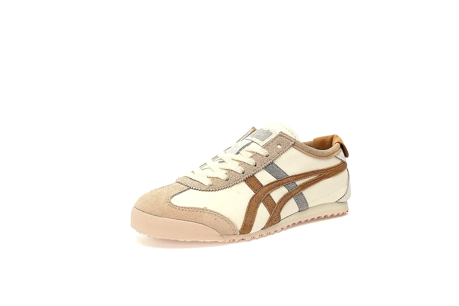 Onitsuka Tiger cream trainer pair view with brown stripes