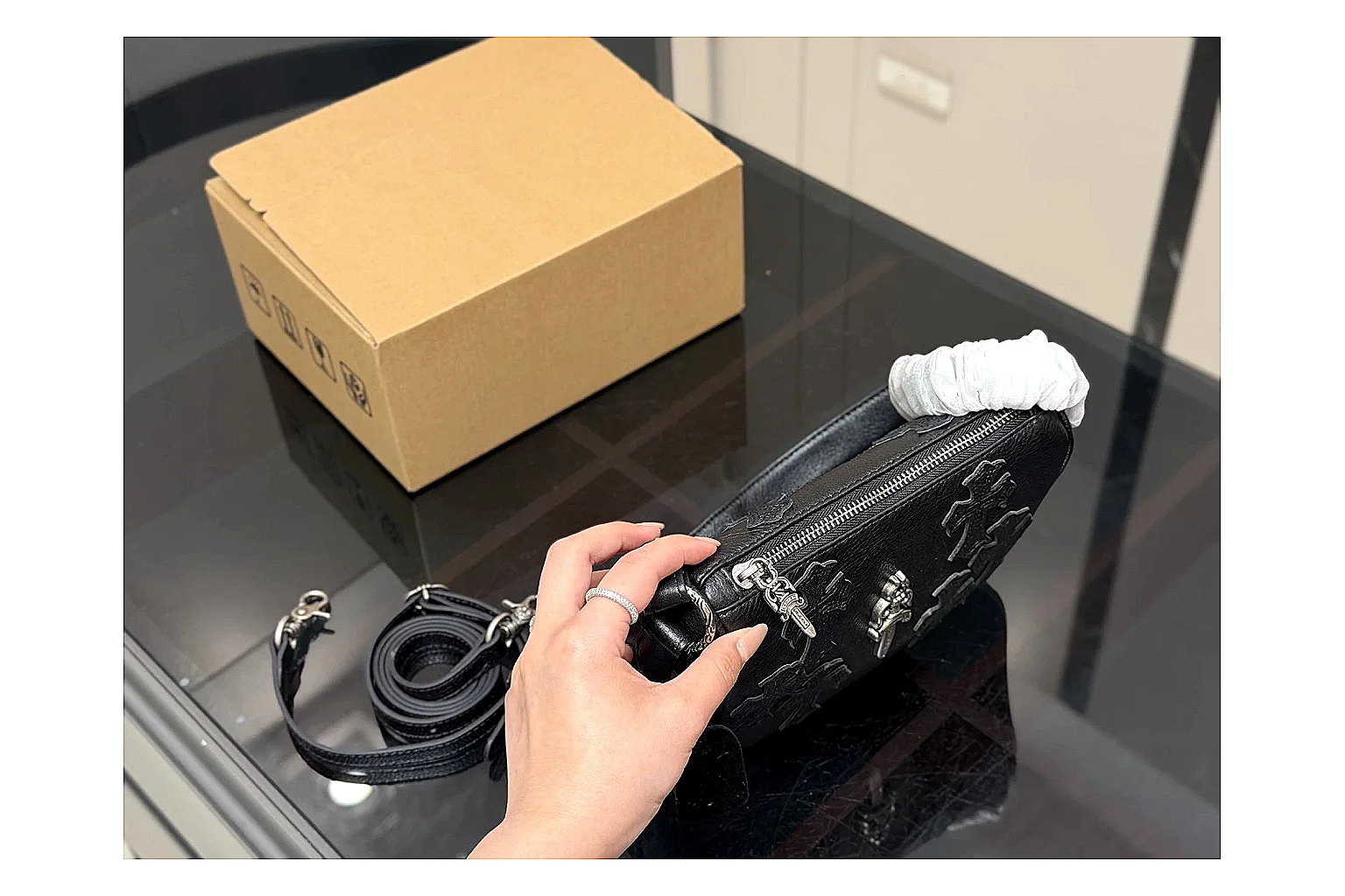 Mini Top Handle Black Bag budget find photo showing black leather compact bag body, structured handle, clean top-handle shape, and simple hardware thumbnail 3