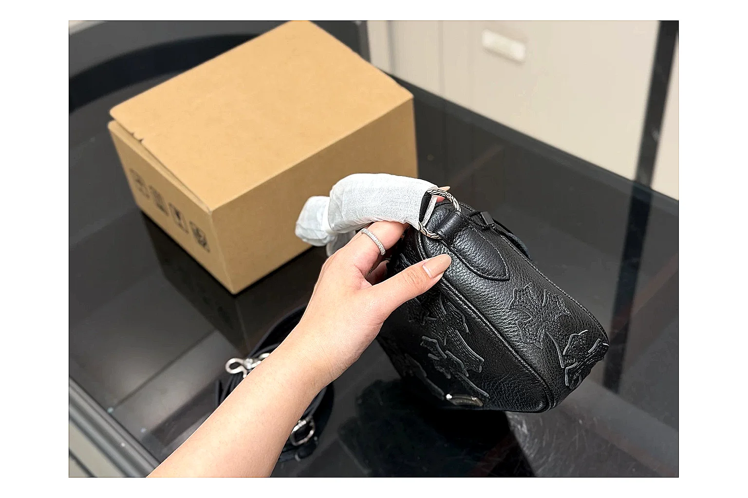Mini Top Handle Black Bag budget find photo showing black leather compact bag body, structured handle, clean top-handle shape, and simple hardware thumbnail 6